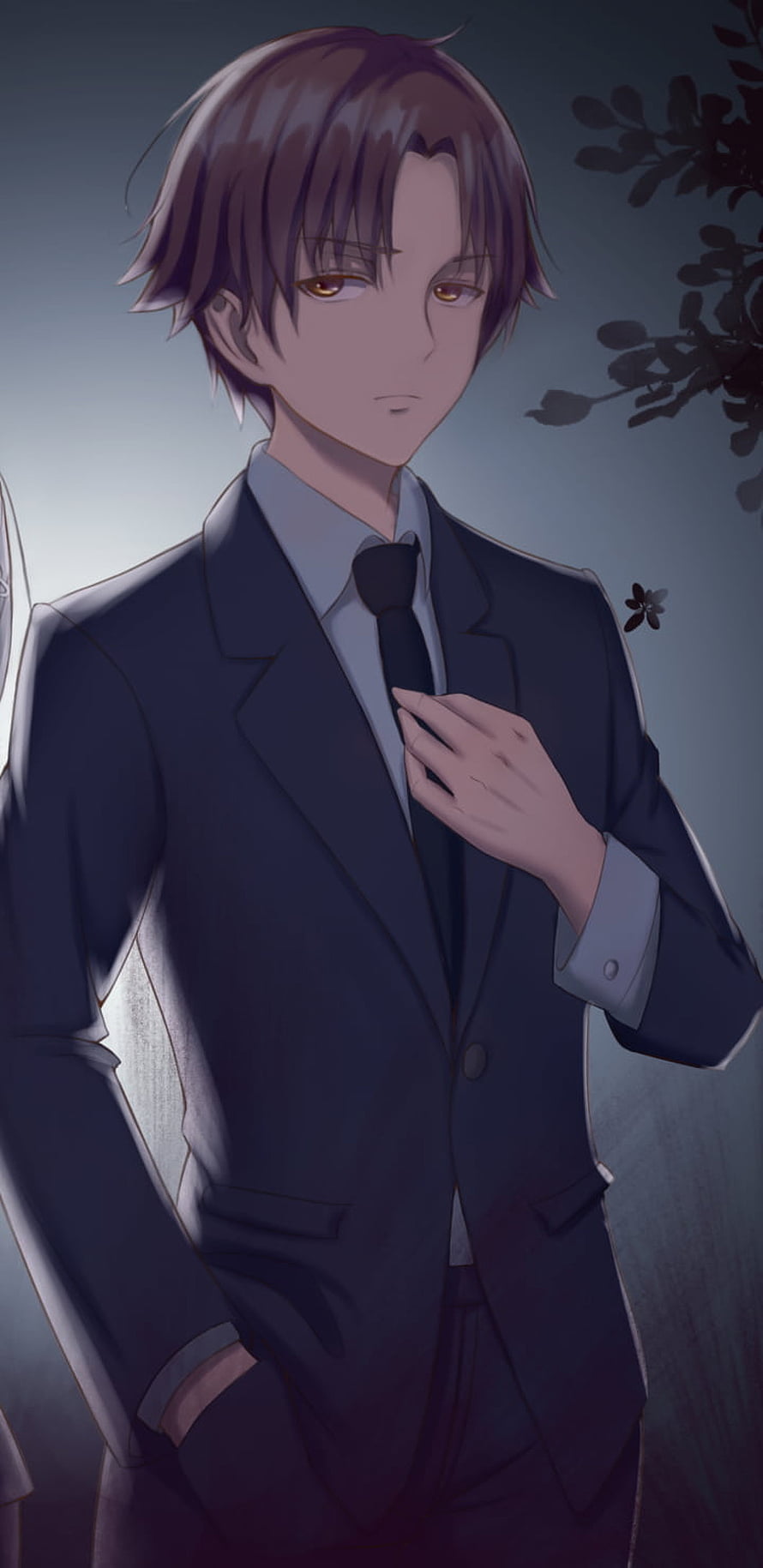 Anime Male Character in Dark Business Suit with Tie and Muted Background HD phone wallpaper