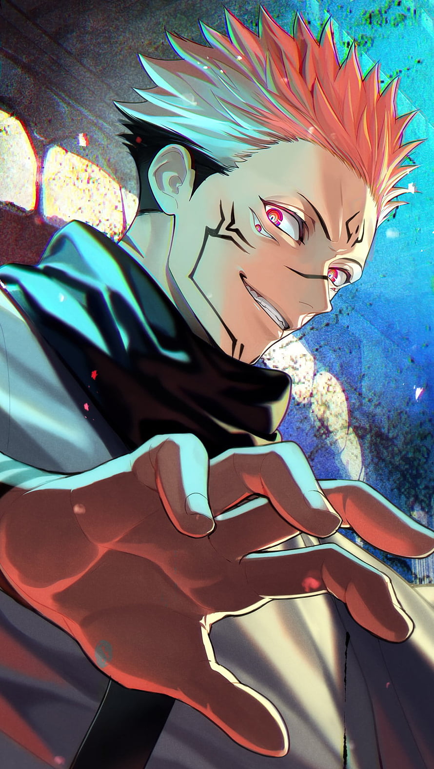 Sukuna Ryomen Anime Character Portrait with Red Hair and Cursed Markings HD phone wallpaper