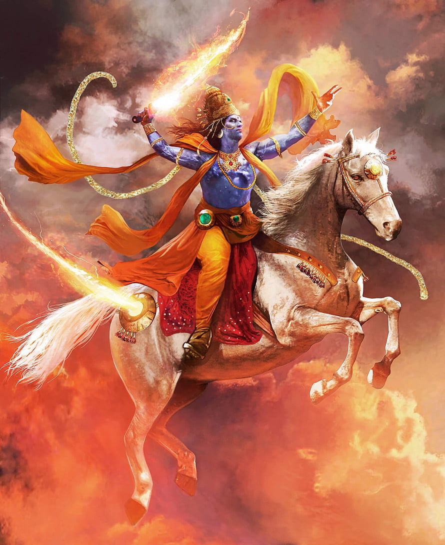 Karna wielding the Kavacha and Kundala on a white horse amidst fiery clouds HD phone wallpaper