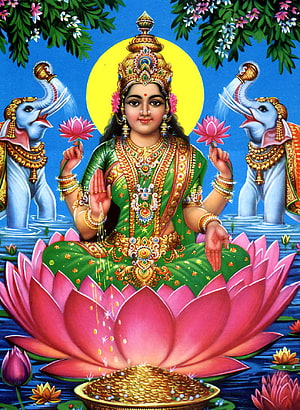 Goddess Lakshmi Sitting on Lotus with Elephants Pouring Water and Gold Coins HD phone wallpaper