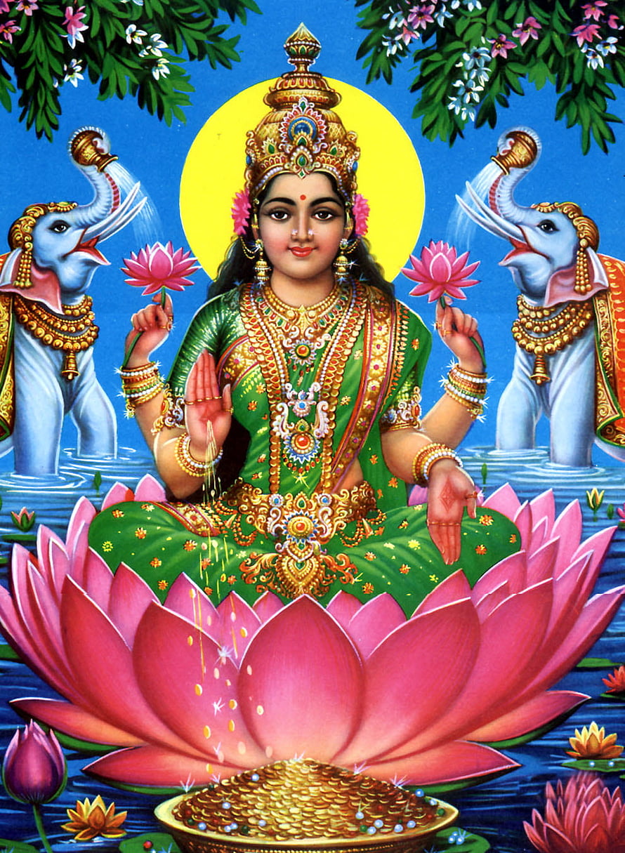 Goddess Lakshmi Sitting on Lotus with Elephants Pouring Water and Gold Coins HD phone wallpaper