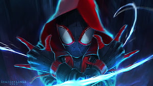 Miles Morales Spider-Man Digital Artwork with Electric Blue Energy Effects, Spider Man Miles Morales, Red Man Computer HD wallpaper