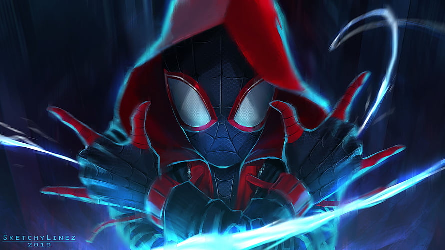 Miles Morales Spider-Man Digital Artwork with Electric Blue Energy Effects, Spider Man Miles Morales, Red Man Computer HD wallpaper
