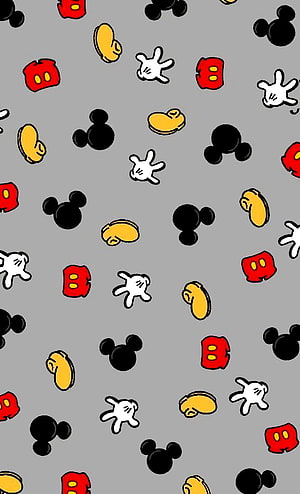 Mickey Mouse Icon Pattern on Gray Background with Classic Silhouettes and Cartoon Elements HD phone wallpaper