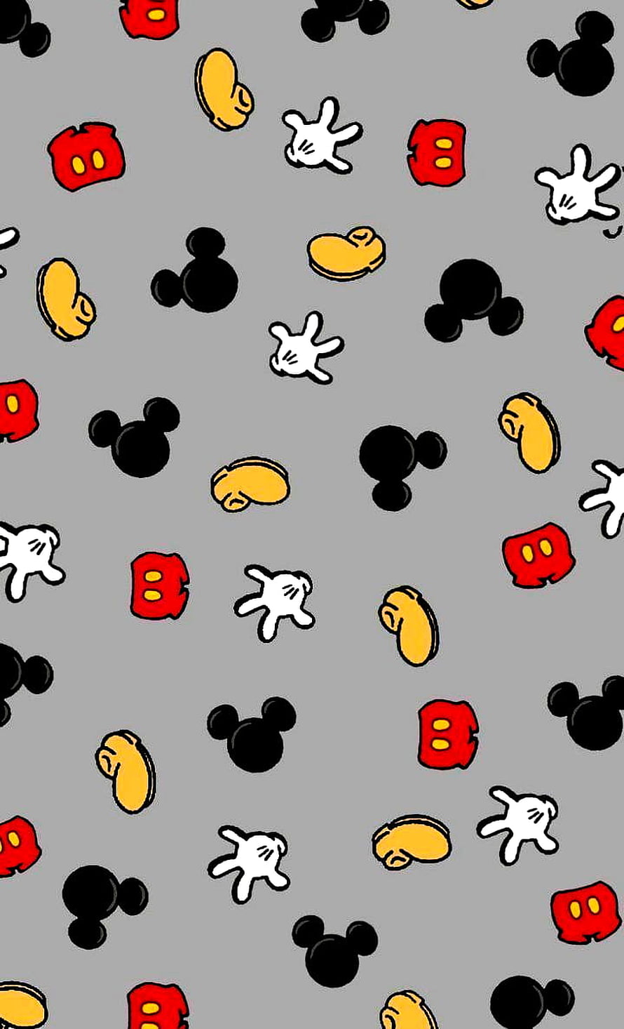 Mickey Mouse Icon Pattern on Gray Background with Classic Silhouettes and Cartoon Elements HD phone wallpaper