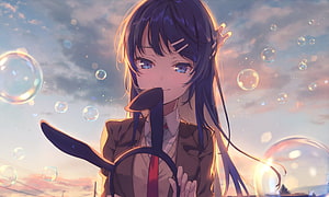 Mai Sakurajima from My Dress-Up Darling Blowing Bubbles at Sunset HD wallpaper
