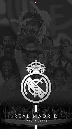 Real Madrid Champions League Trophy Celebration with Club Crest and Hala Madrid Slogan HD phone wallpaper