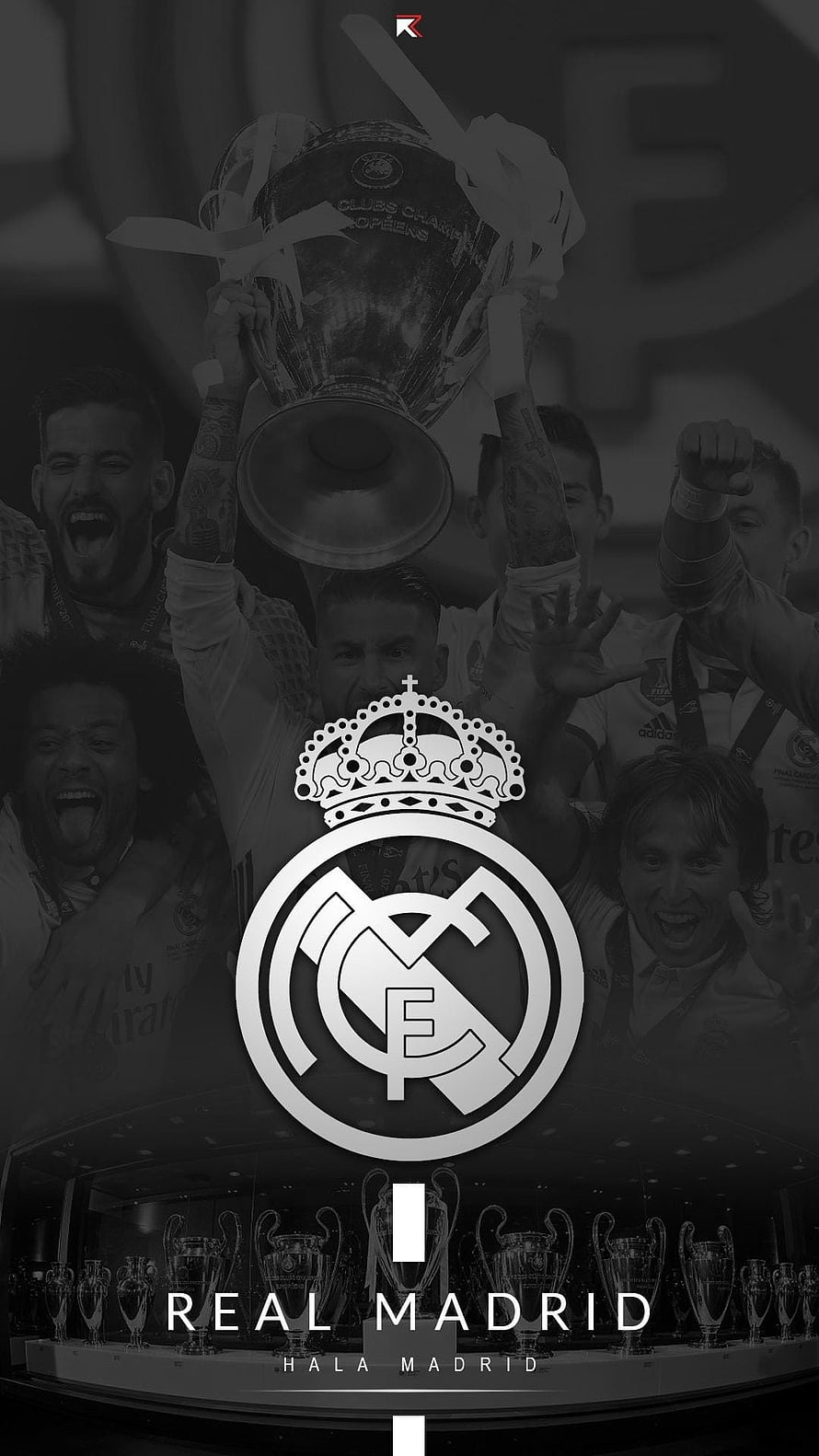 Real Madrid Champions League Trophy Celebration with Club Crest and Hala Madrid Slogan HD phone wallpaper