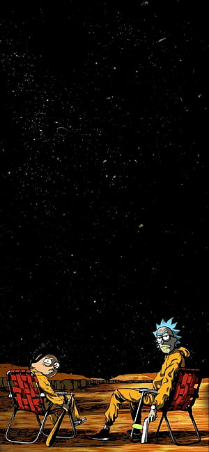 Rick and Morty Sitting in Camping Chairs Under Starry Space Sky HD phone wallpaper