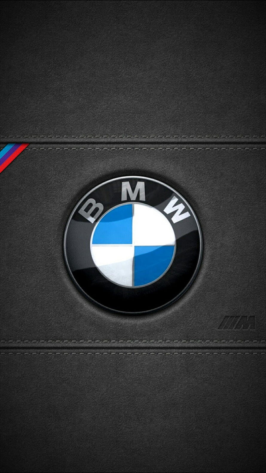 BMW M Logo on Black Leather Texture with Stitching and Stripes HD phone wallpaper