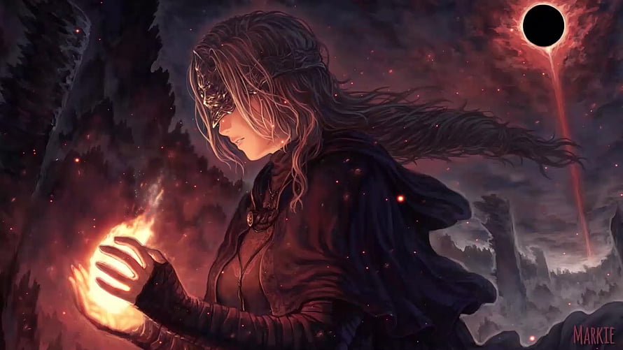 Fire Keeper from Dark Souls 3 Holding a Glowing Flame Under a Solar Eclipse HD wallpaper