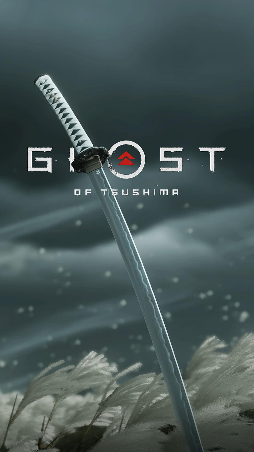 Ghost of Tsushima Katana in Snowy Grass with Game Logo HD phone wallpaper