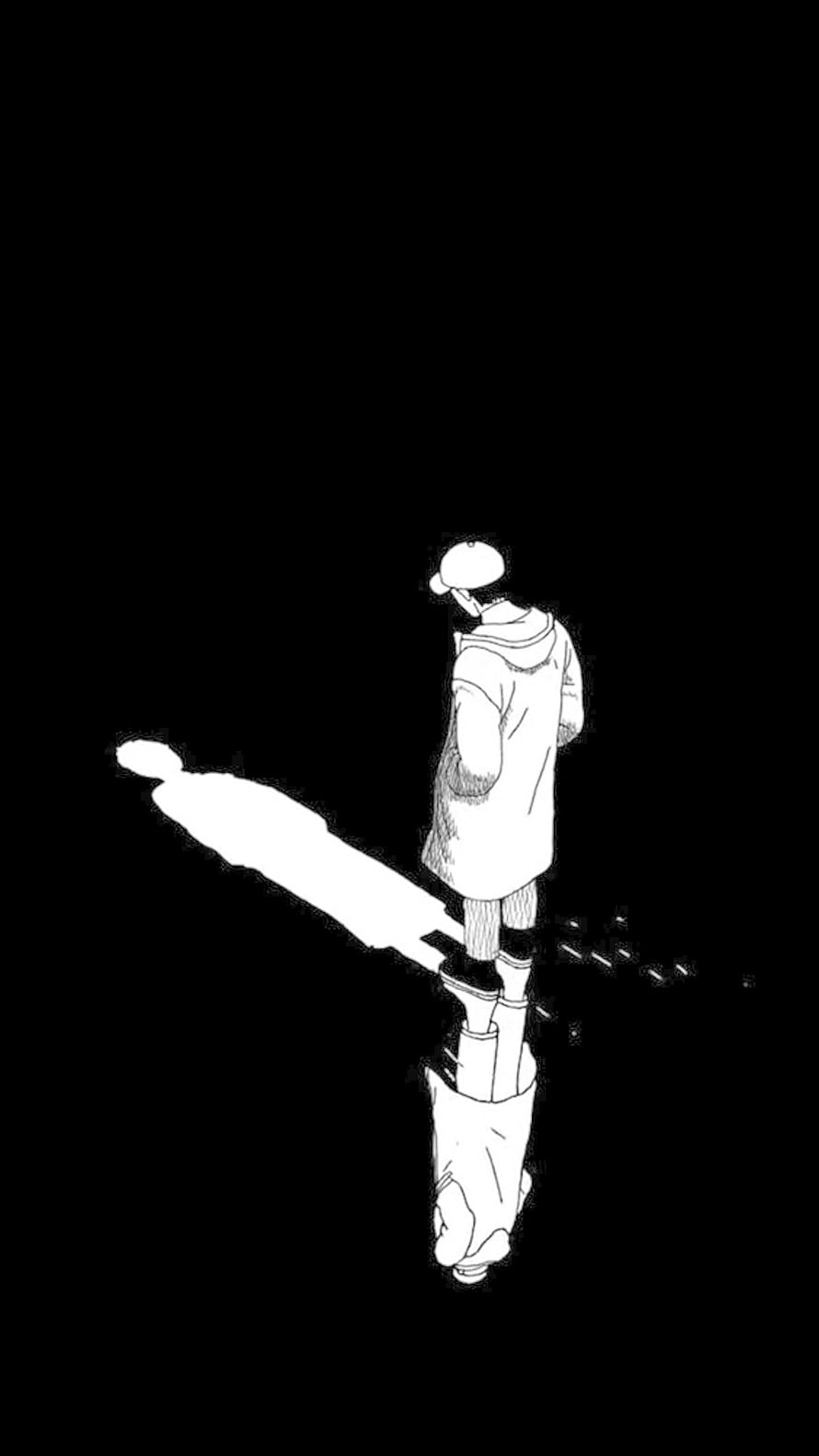 Black and white anime style illustration of a boy in a hoodie and cap standing in water with a reflection HD phone wallpaper