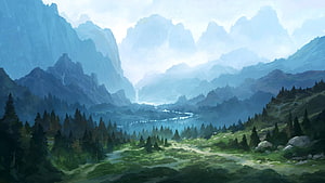 Majestic Mountain Valley Landscape With Misty Peaks And Forest HD wallpaper