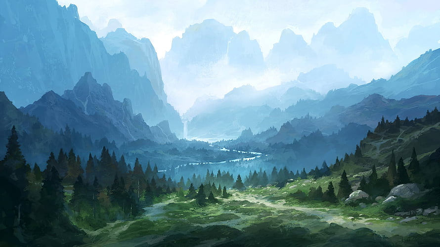 Majestic Mountain Valley Landscape With Misty Peaks And Forest HD wallpaper
