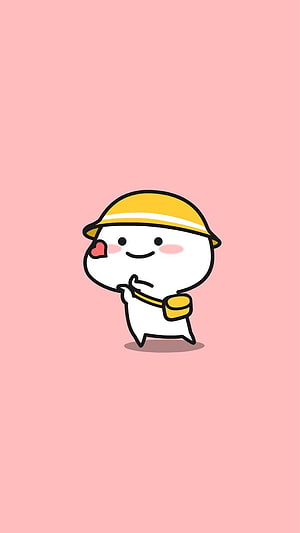Cute White Cartoon Character Wearing Yellow Hat and Bag on Pink Background HD phone wallpaper