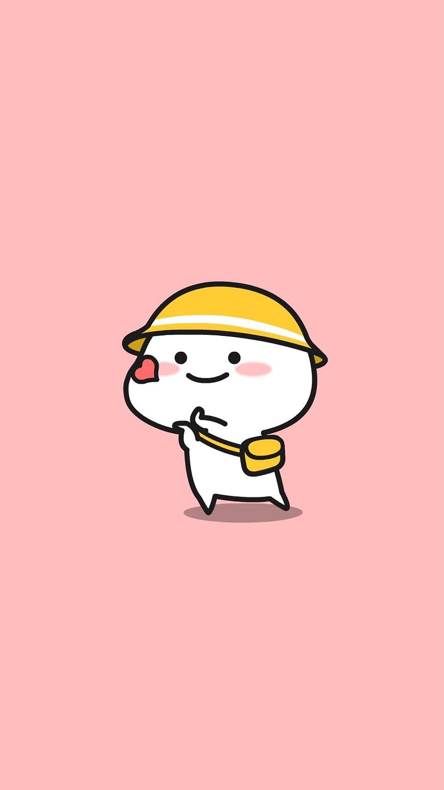 Cute White Cartoon Character Wearing Yellow Hat and Bag on Pink Background HD phone wallpaper