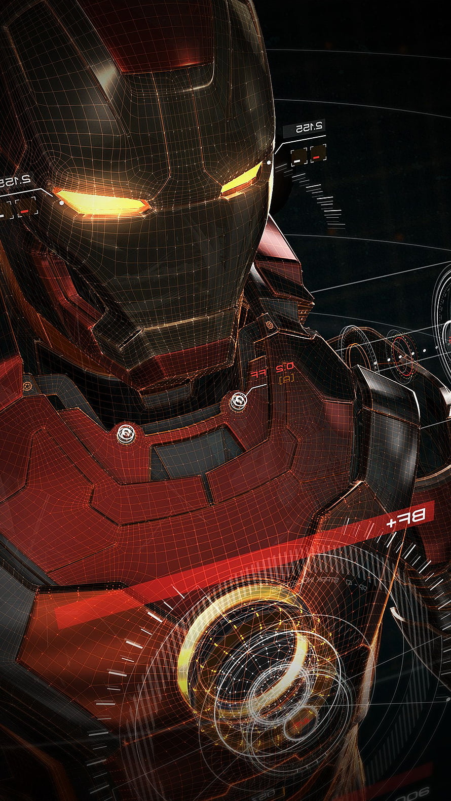 Iron Man Mark 85 Armor Close-Up with Glowing Arc Reactor and Holographic HUD Overlay, Ironman 3D Red Game Avengers Art Illustration Hero - Iron Man HD phone wallpaper