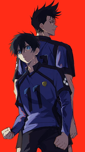 Blue Lock Anime Characters in Navy Soccer Uniforms Against Vibrant Red Background HD phone wallpaper