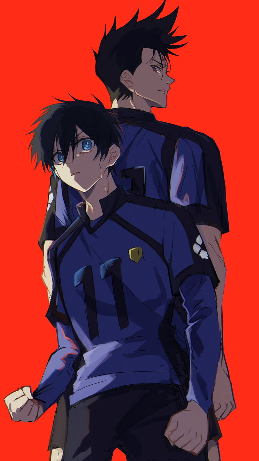 Blue Lock Anime Characters in Navy Soccer Uniforms Against Vibrant Red Background HD phone wallpaper