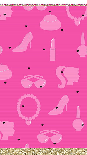 Barbie Fashion Accessories Pattern Wallpaper with High Heels, Lipstick, and Gold Glitter Border HD phone wallpaper