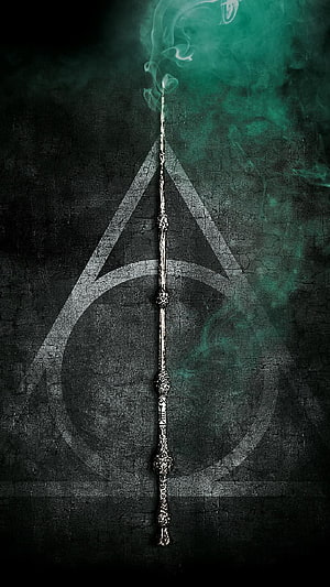 The Elder Wand and Deathly Hallows Symbol with Green Smoke HD phone wallpaper