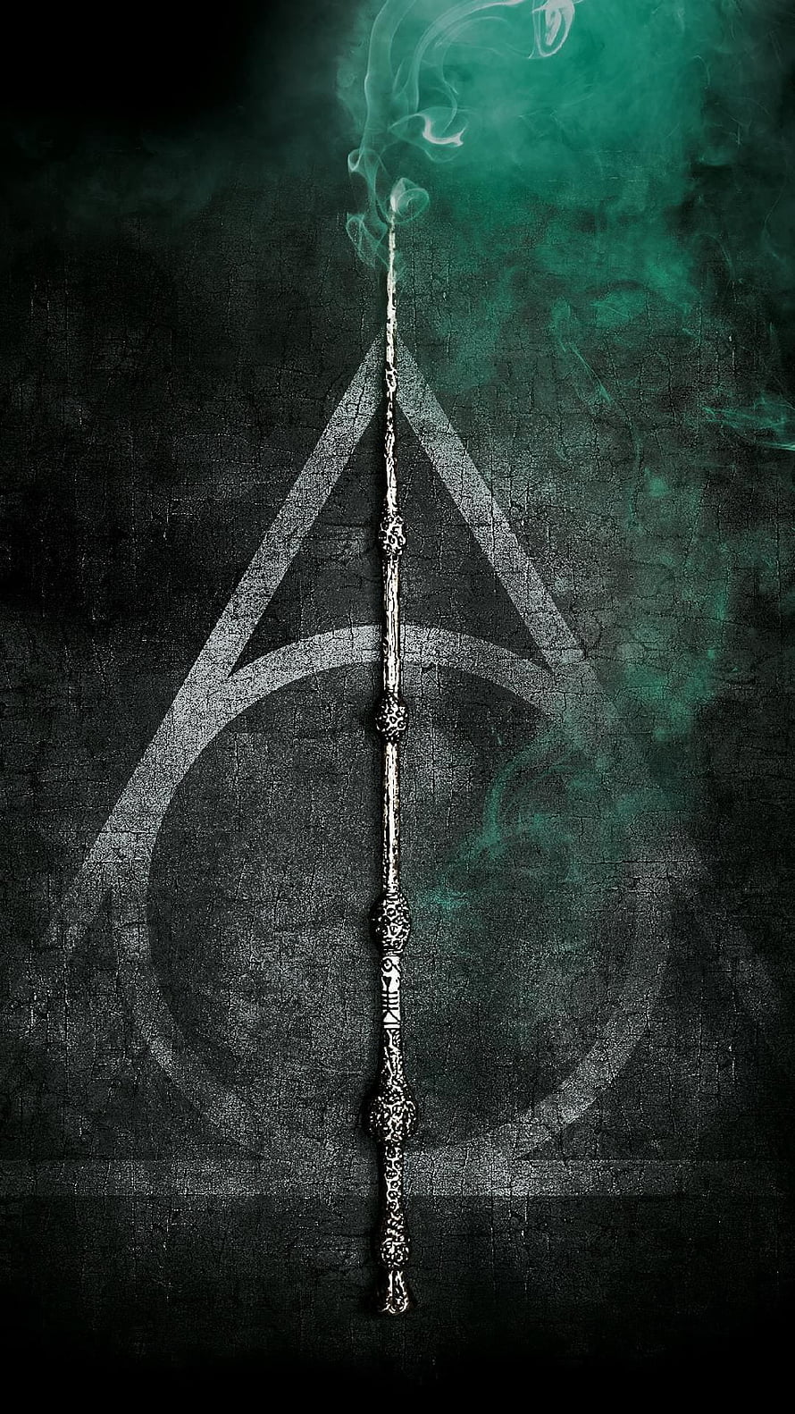 The Elder Wand and Deathly Hallows Symbol with Green Smoke HD phone wallpaper