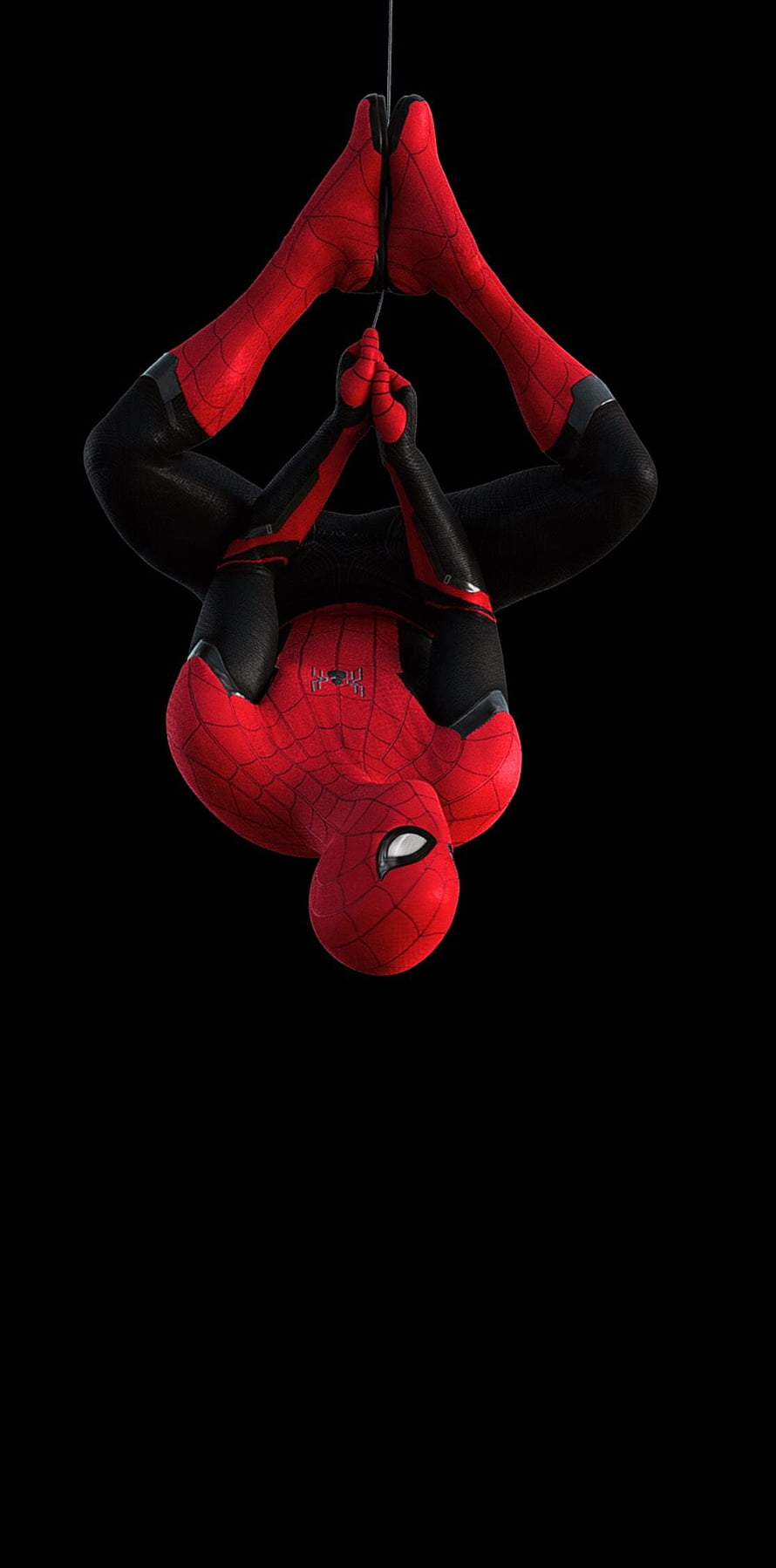 Spider-Man Hanging Upside Down in Red and Black Suit on Black Background, OLED Spider Man, Red Amoled HD phone wallpaper