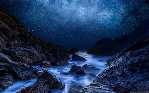 Starry Night Sky Over Rocky Coastal Stream With Milky Way HD wallpaper