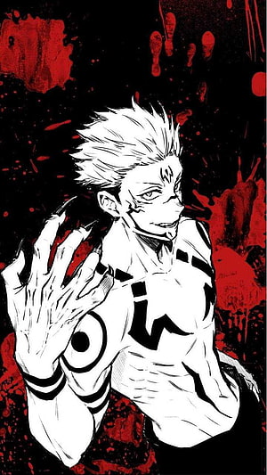 Gojo Satoru Manga Artwork with Red Blood Splatter Background, Sukuna , Sukuna Mobile HD phone wallpaper
