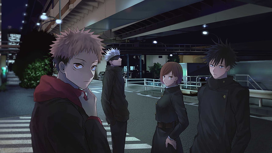 Jujutsu Kaisen Characters Standing on a Nighttime City Street HD wallpaper
