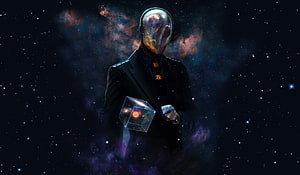 Mysterious Cosmic Entity in a Suit Holding a Glowing Cube Against a Nebula Background HD wallpaper