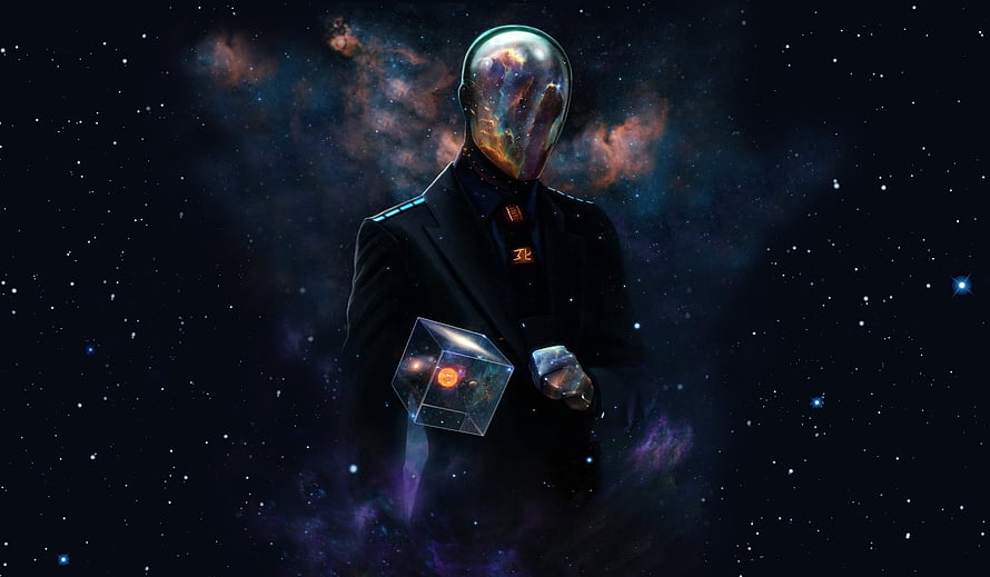 Mysterious Cosmic Entity in a Suit Holding a Glowing Cube Against a Nebula Background HD wallpaper