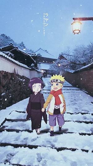Naruto and Hinata Walking Hand in Hand Through Snowy Village Street HD phone wallpaper