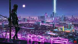 Cyberpunk Samurai Warrior Overlooking Neon Cityscape at Night HD wallpaper