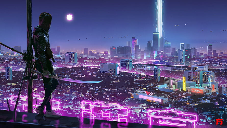 Cyberpunk Samurai Warrior Overlooking Neon Cityscape at Night HD wallpaper