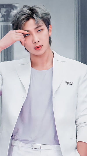 RM from BTS in a white Dior blazer with silver hair and a light grey shirt HD phone wallpaper