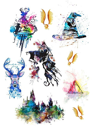 Harry Potter Watercolor Art Collection Featuring Hogwarts, Patronus, and Sorting Hat HD phone wallpaper