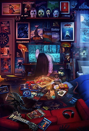 Horror Movie Fan Bedroom with Pizza, Alien Figurine, and Classic Film Posters HD phone wallpaper
