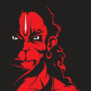 Red stylized portrait of Hanuman the monkey god with intense expression and traditional markings, Bajrang art #bajrangbali Jai bajrang bali Graphics ART #inosknayam HD phone wallpaper
