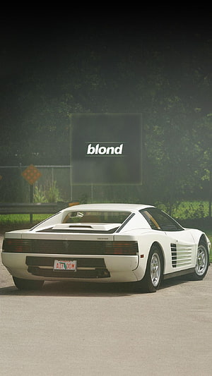 White Ferrari Testarossa Rear View with Blond Album Art Overlay HD phone wallpaper