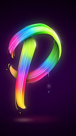 Vibrant Rainbow Letter P with Neon Glow on Dark Purple Background HD phone wallpaper