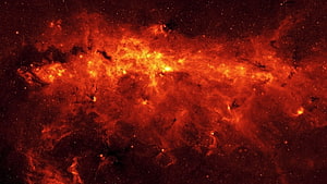Vibrant Red and Orange Cosmic Nebula with Fiery Gas Clouds and Star Fields HD wallpaper
