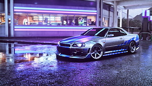 Silver Nissan Skyline GT-R R34 with Blue Stripes in Neon Lit Rainy Night Scene HD wallpaper