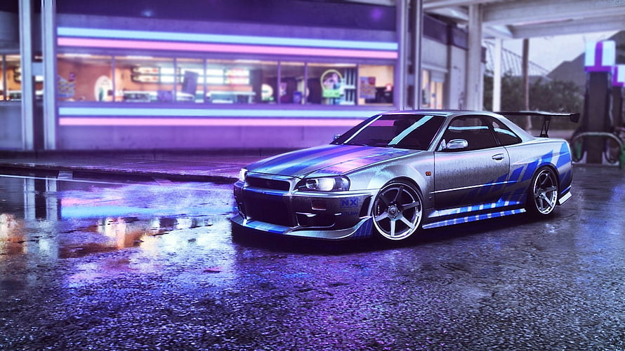 Silver Nissan Skyline GT-R R34 with Blue Stripes in Neon Lit Rainy Night Scene HD wallpaper