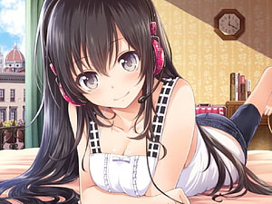 Anime Girl With Headset Lying On Bed In Bedroom HD wallpaper