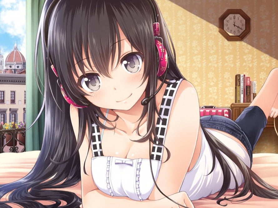 Anime Girl With Headset Lying On Bed In Bedroom HD wallpaper