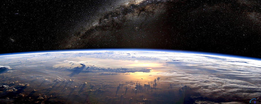 Earth Horizon From Space With Milky Way Galaxy And Sunrise Clouds HD wallpaper