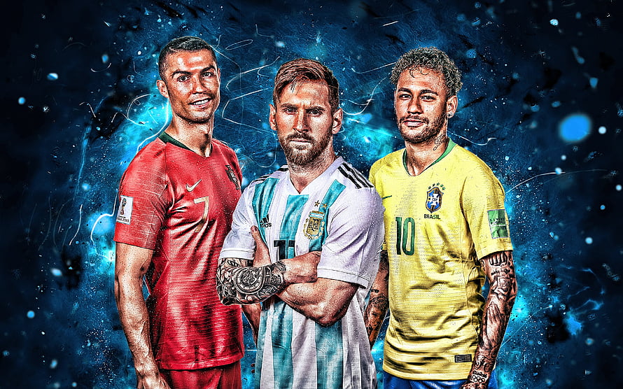 Cristiano Ronaldo, Lionel Messi, and Neymar in National Team Kits on a Blue Abstract Background HD wallpaper