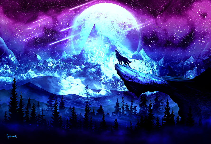 Mystical Wolf Howling at Giant Moon in Purple Fantasy Mountain Landscape HD wallpaper